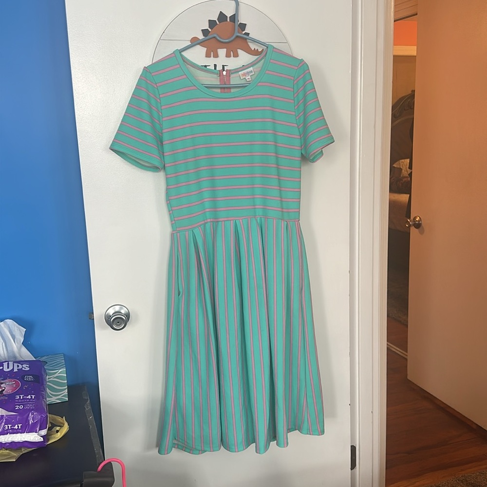 LuLaRoe Amelia Dress in teal and pink